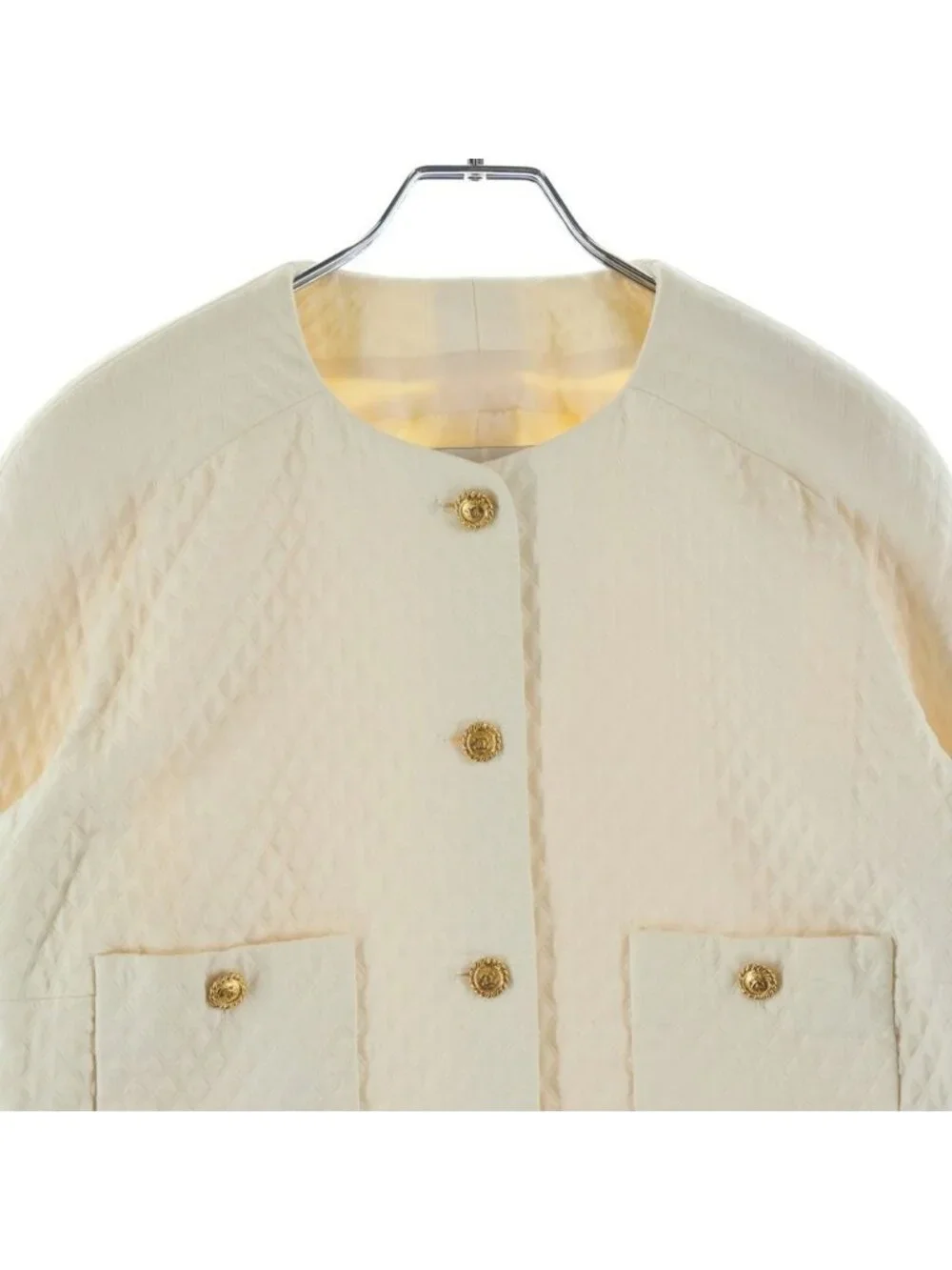 Chanel CC Logo Button Vintage Quilted Cotton Collarless Jacket Short 18 White